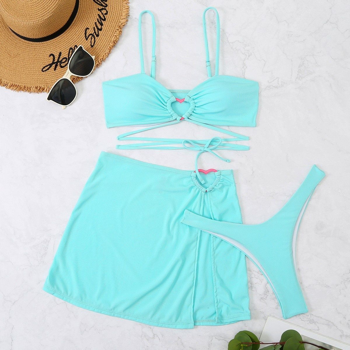 Aria Basics New European And American Foreign Trade Swimwear, Solid Color, Strapless, Heart-shaped, Sexy Three-piece Skirt-style_ecoleips.com