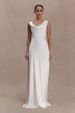 Women Elegant Satin Maxi Dress High Waist Cowl Neck Lace Detail Slim‑Fit Formal Wedding Guest Cocktail Banquet Party Evening Gown_ecoleips.com