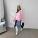 Autumn And Winter Women's Solid Color Pullover Sweater Lazy Wind V-neck Casual Splicing Long-sleeved Knitted Sweater Women_ecoleips.com