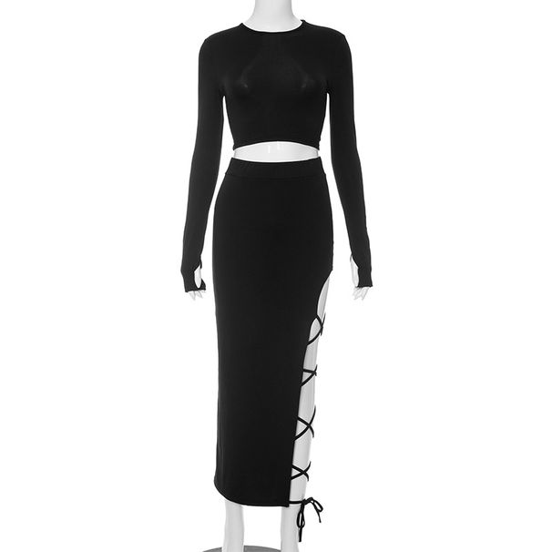 European And American Women's Slim Fitting Strappy Skirt Suit D23ST272 Solid Color Leisure Long Sleeved round Neck Top for Autumn_ecoleips.com