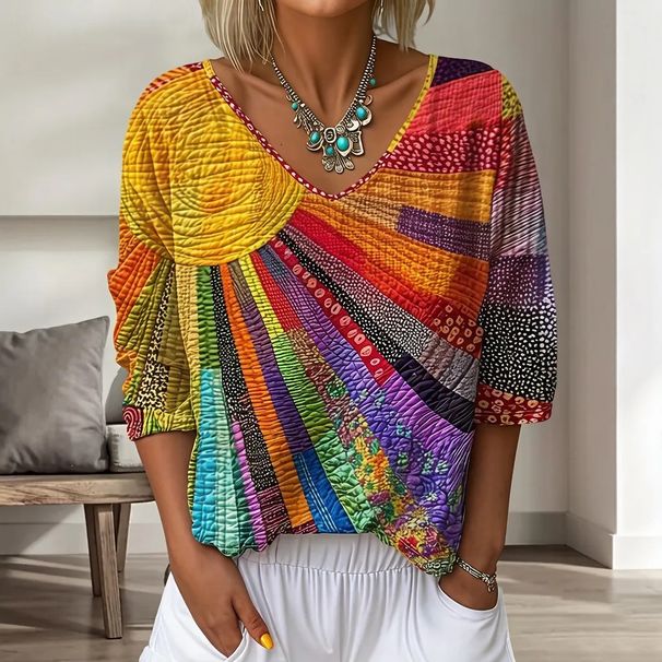 Women's Retro Floral Gradient Art Print V Neck Short Sleeve Top European American Style Cross Border Fashion for Ladies_ecoleips.com