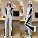 Summer 2025 New Casual Sports Color-Block Outfit Women, Stylish Zipper Short-Sleeve Wide-Leg Pants Slimming Two-Piece_ecoleips.com