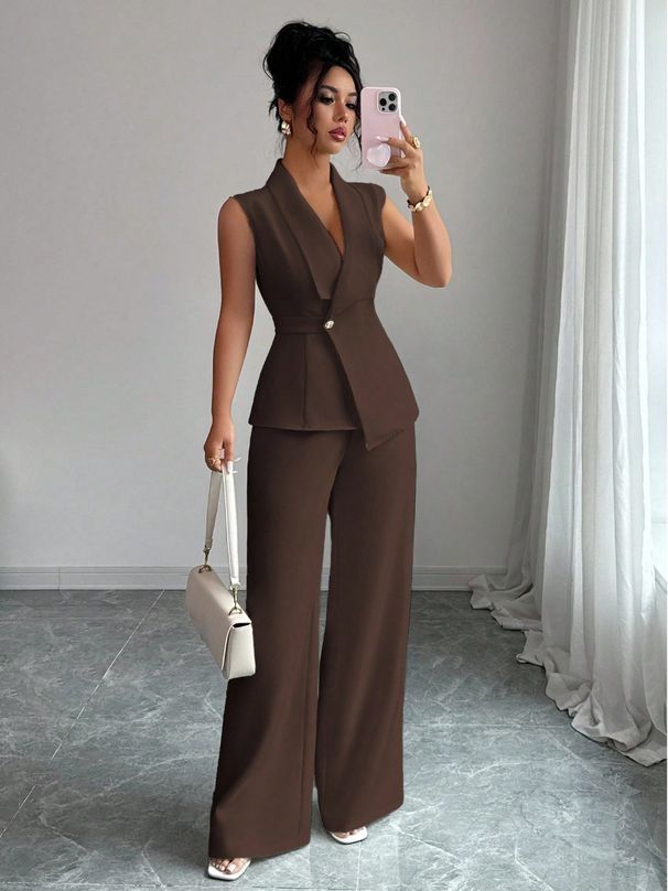 Women's Stylish Sleeveless Two Piece Set European American Straight Leg Pants Import Foreign Trade_ecoleips.com