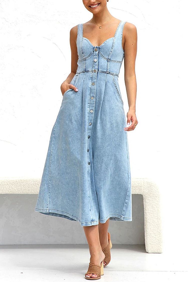Women's Clothing Denim Suspenders Large Swing High Waist Sleeveless Low Collar Dress Women_ecoleips.com