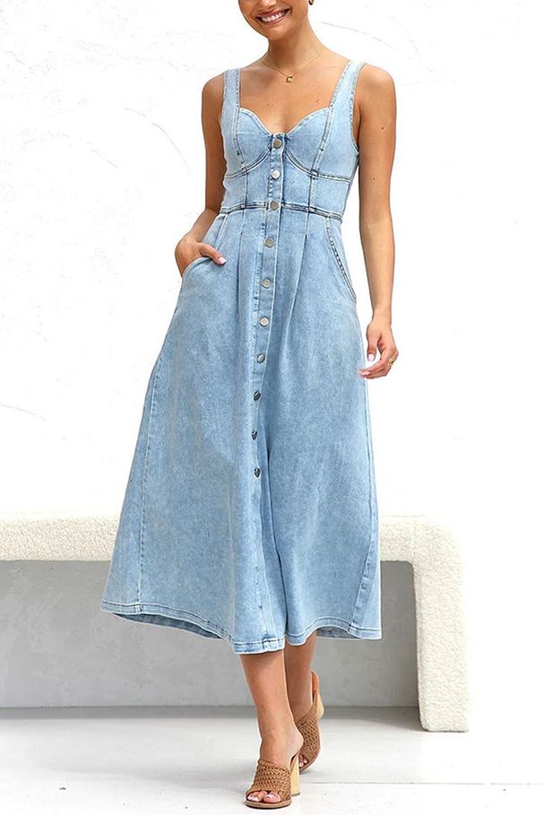 Women's Clothing Denim Suspenders Large Swing High Waist Sleeveless Low Collar Dress Women_ecoleips.com
