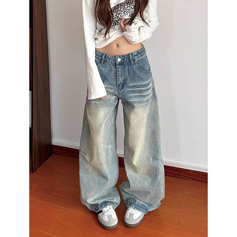 Women's Trendy Street Style Denim Jeans Relaxed Wide Leg Floor Length Design Whisker Stripes Spring Autumn_ecoleips.com