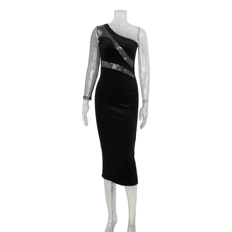 Women's Clothing Design Sense Fashion Sequins Stitching One Shoulder Oblique Collar Temperament Dress Long Dress_ecoleips.com