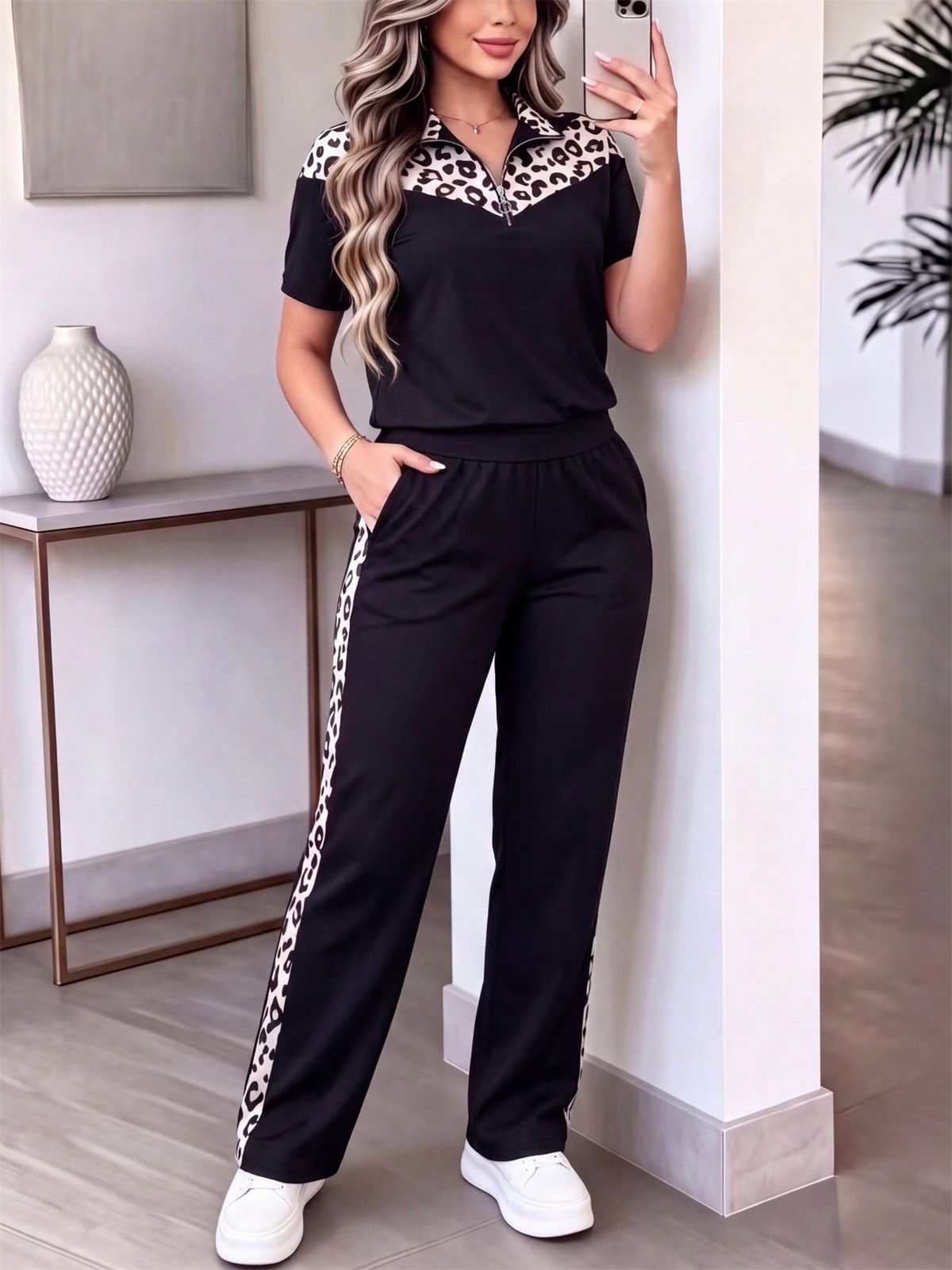Women's Color Blocked Leopard Print Top with Collar And Short Sleeves Athletic Pocket Pants Set Comfortable Summer Outfit_ecoleips.com