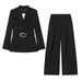 Women's European American Style Fashion Gold Buckle Belt Suit Jacket Casual Wide Leg Pants Set_ecoleips.com