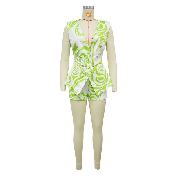 K Women's Fashion Printed V-neck Sleeveless Suit Short Casual Two-piece Set_ecoleips.com