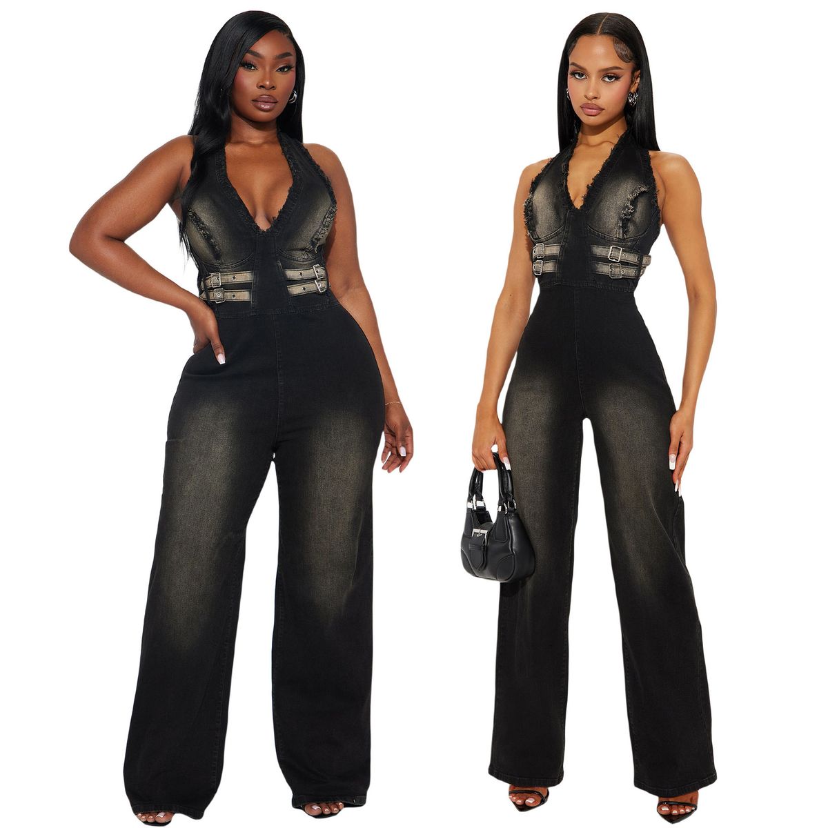 Women's Clothing Tight Waist Slim Elastic Washed Denim Jumpsuit Halter Neck Loose Jumpsuit_ecoleips.com