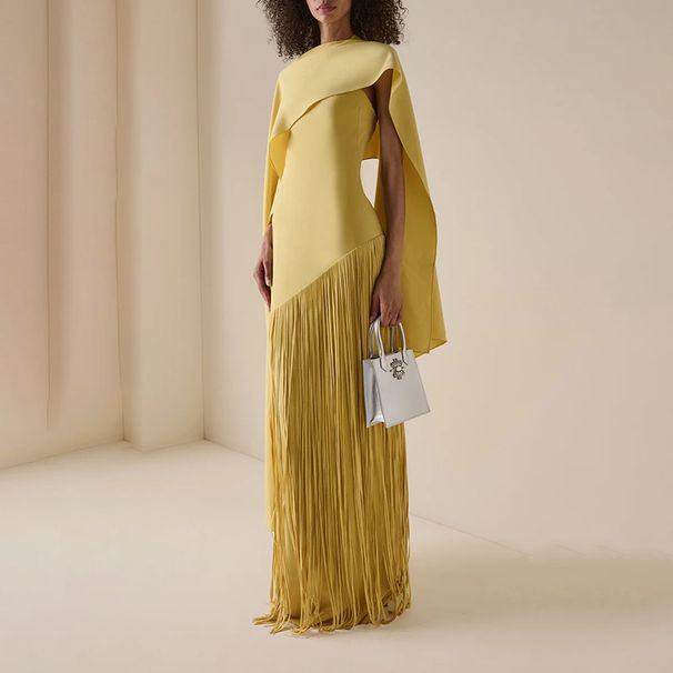Elegant Tassel-Trim Long Dress – Solid Color Shawl Design Slim Fit Maxi Skirt For Women (S-XL, Yellow)_ecoleips.com