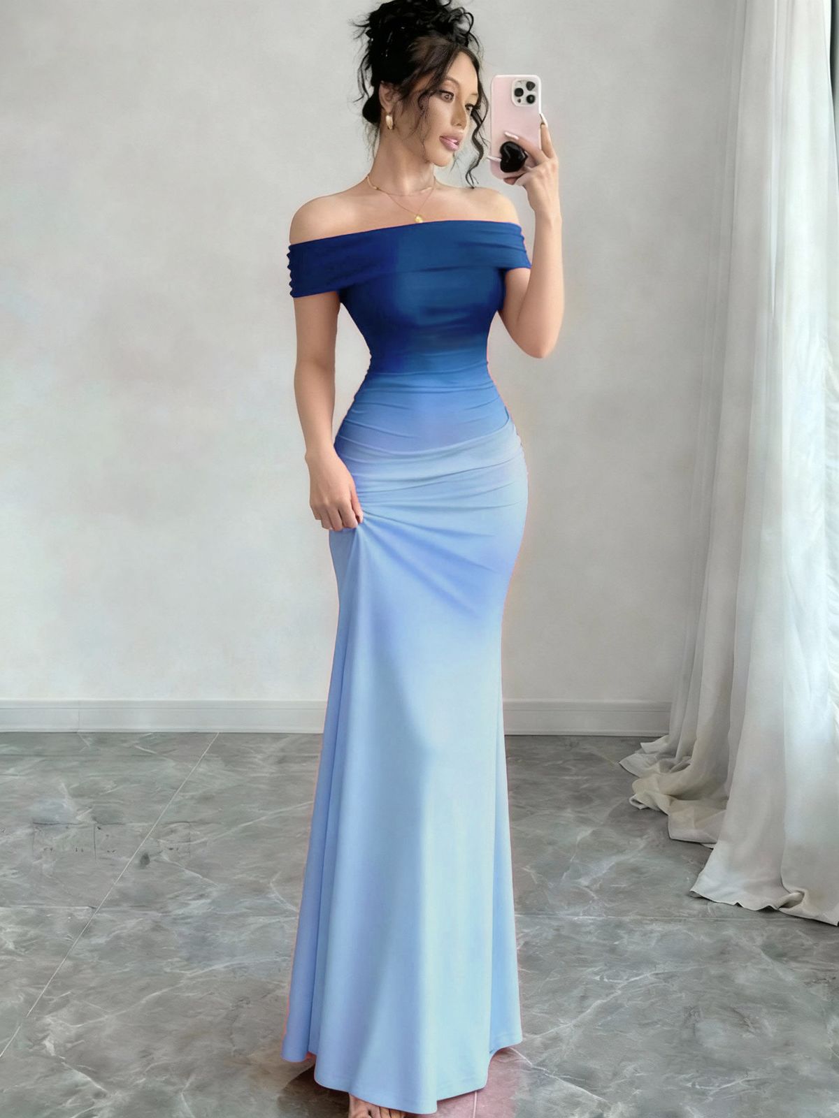 Women's Clothing Fashion Short Sleeve Off The Shoulder Gradient Bodycon Long Dress For Formal & Casual For Women_ecoleips.com