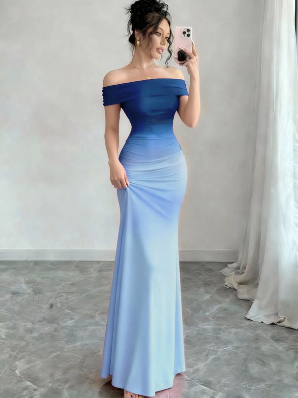 Women's Clothing Fashion Short Sleeve Off The Shoulder Gradient Bodycon Long Dress For Formal & Casual For Women_ecoleips.com