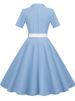 Vintage Turn-down Collar Blue Summer Dress For Women Elegant Short Sleeve Solid Office Party Midi Sundress A-line High Waist_ecoleips.com