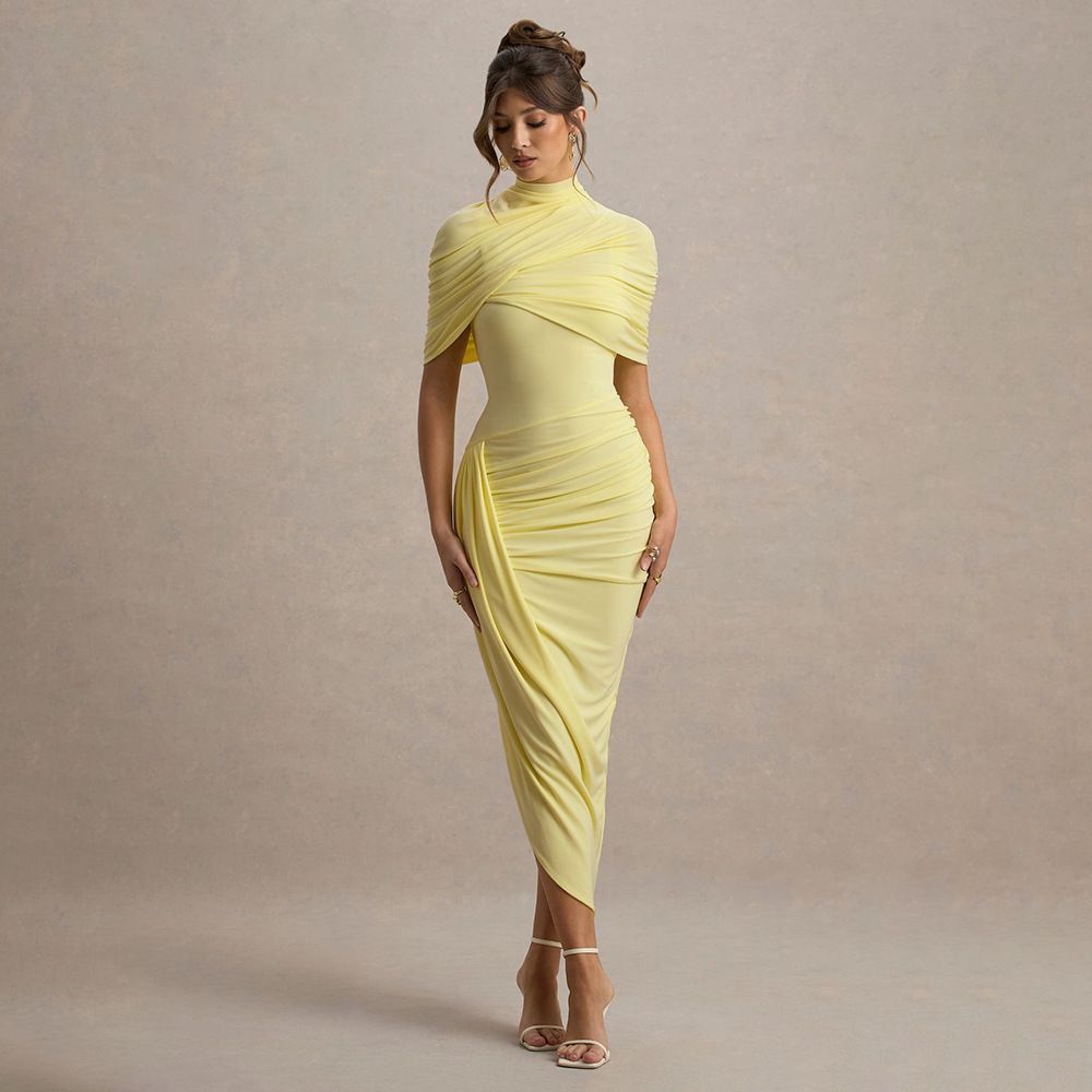 Women's European American Style Solid Color Fashion Shawl Slim Fit Open Back Dress Irregular Pleats Spring New 2026_ecoleips.com
