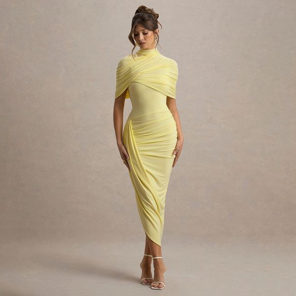 Women's European American Style Solid Color Fashion Shawl Slim Fit Open Back Dress Irregular Pleats Spring New 2026_ecoleips.com