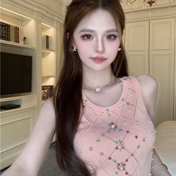 Chic And Elegant Camisole For Women, Summer New Style, Diamond-embellished Sleeveless Round-neck Slim-fit Top_ecoleips.com