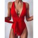 Women's Clothing Sexy One Piece Swimsuit Deep V Backless Lace-Up Solid Color Swimwear For Summer Vacation_ecoleips.com