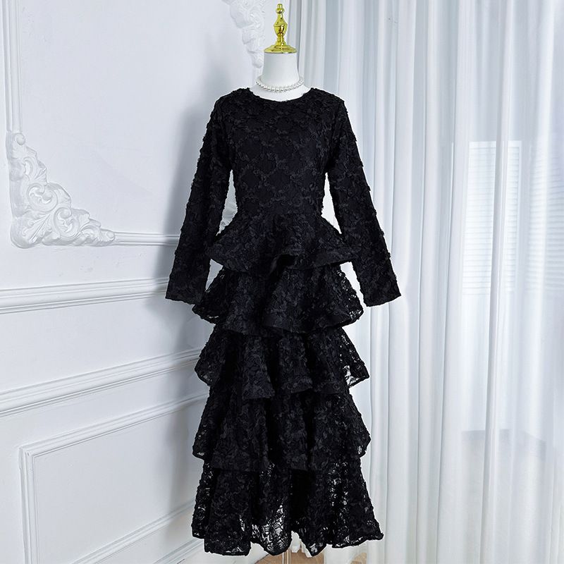 Muslim Dress Women's Long Evening Gown Embroidered Banquet Annual Meeting Dress Long Sleeved Heavy Duty Three Dimensional Floral Layered Cake Dress_ecoleips.com