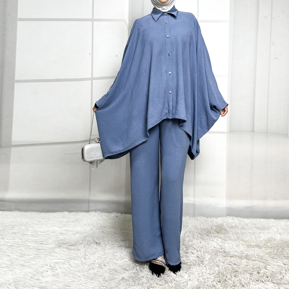 Modest Abaya Dress Elegant Batwing Sleeve Dress & Robe Set – Wrinkle-Resistant Acetate Blend (S-XXL, Dusty Blue/Khaki/Mint)_ecoleips.com
