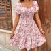 WG228 European And American Cross-border Spring/summer New Fashion Printed Square-neck Puff-sleeve Waist-cinching Bow_ecoleips.com