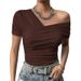 Women's Clothing Cold Shoulder Pleated T Shirt Sexy Short Sleeve Slim Fit Asymmetric Top Female Elegant Fashion_ecoleips.com