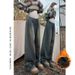 Women's Clothing Stylish Maternity Jeans For Winter - Stretchable High Waist Wide Leg Pants With Fleece Lining Options ( Vintage Blue, Cement Grey)_ecoleips.com