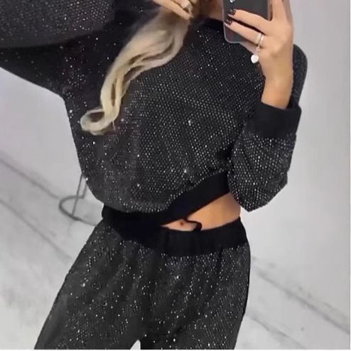 Women's Starry Sky Two Piece Set European American Style Autumn Winter Clothing Long Sleeved Round Neck Loose Top With Drawstring Wide Leg_ecoleips.com