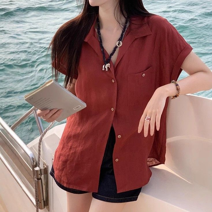 Women's Relaxed Vintage Style Cotton Linen Short Sleeved Shirt Summer French Chic Loose Fitting Slightly Pleated Simple Red Top_ecoleips.com