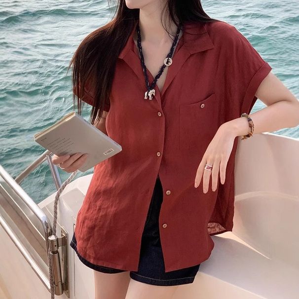 Women's Relaxed Vintage Style Cotton Linen Short Sleeved Shirt Summer French Chic Loose Fitting Slightly Pleated Simple Red Top_ecoleips.com