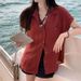 Women's Relaxed Vintage Style Cotton Linen Short Sleeved Shirt Summer French Chic Loose Fitting Slightly Pleated Simple Red Top_ecoleips.com