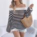 2026 Spring Summer Striped Hollow Out Casual Loose Knit Top Vacation Off-Shoulder Blouse Cross-Border Women's_ecoleips.com
