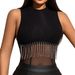 Summer New Spice Girl Mesh Splicing Onesie Diamond Chain Fringed Sleeveless Tight Inner Vest_ecoleips.com