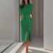Women's Clothing Women's Round Neck Sleeveless Dress With Button Detail And Slit Long Skirt Solid Color For Formal & Casual For Women_ecoleips.com