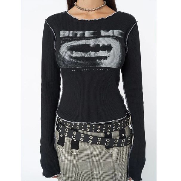Gothic Style Long Sleeve T-Shirt for Women European American High Street Hip Hop Stitching Color Fun Pattern Hot Girl Top_ecoleips.com