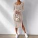 Autumn And Winter New European And American Square Collar Long-sleeved Hem Slit Jacquard Polished Dress Women_ecoleips.com