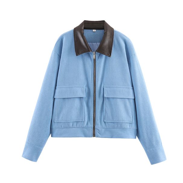 Women's Corduroy & Faux Leather Collar Jacket – Oversized Streetwear Coat With Contrast Detailing (Pink/Blue/Brown, S-L)_ecoleips.com