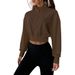 Voya Women's Versatile Brown Short Hoodie For Spring And Summer, Women's Stand Up Collar Zipper, American Retro Style Loose Casual Sports Top_ecoleips.com