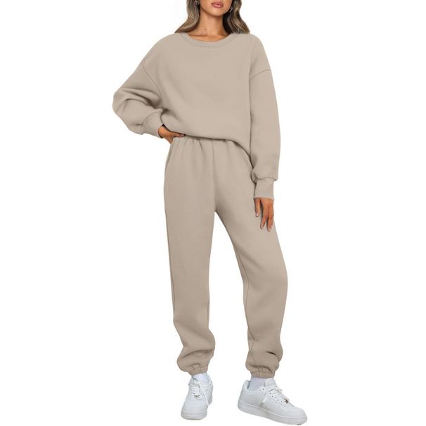 Women's Clothing Fleece Lined Round Neck Pullover Sweatshirt Set Long Sleeve Casual Trousers Autumn Winter_ecoleips.com