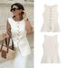Autumn Gold Button Slim Knit Vest For Women – Streetwear Chic, Stretch Polyester, V-Neck Sleeveless Jacket_ecoleips.com