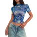 European And American Cross-border 2026 Summer New Elegant Women's Blue Printed Short-sleeve Half-high Collar Starry Sky_ecoleips.com