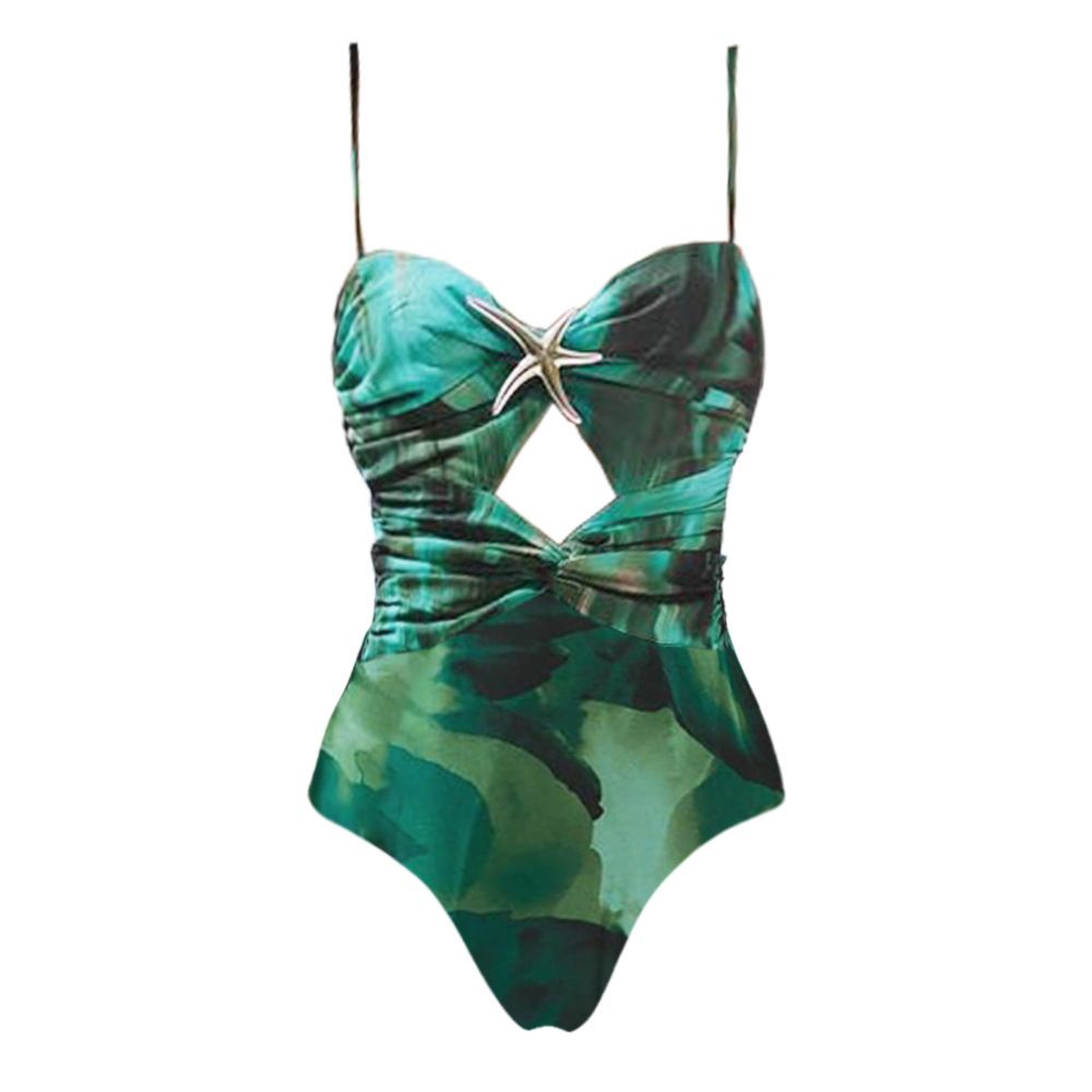 Women's Dark Green Starfish Printed One Piece Swimsuit European American Style_ecoleips.com