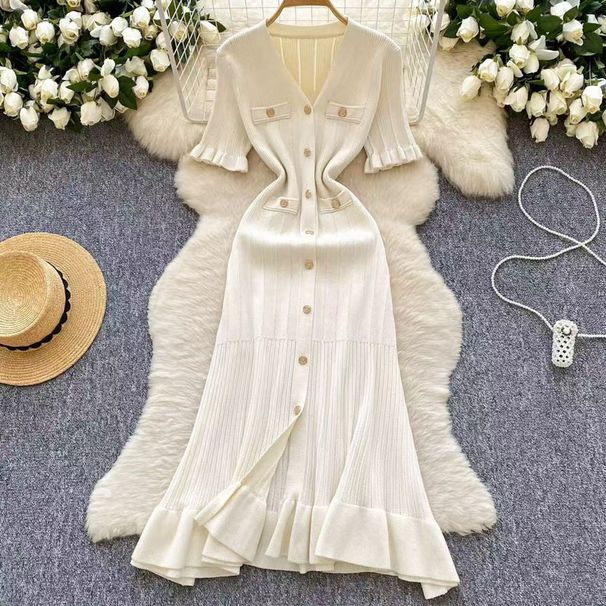 Women's Clothing V Neck Short Sleeved Ruffled Skirt Spring And Summer New Style A Line Skirt Tight And Slim Knitted Dress_ecoleips.com