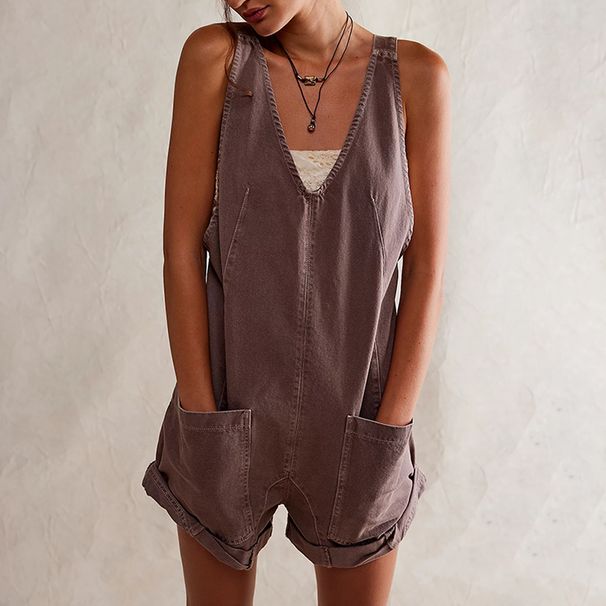 Women's Clothing New Pocket Sling Adjustable Strap Washed Denim Jumpsuit Shorts_ecoleips.com