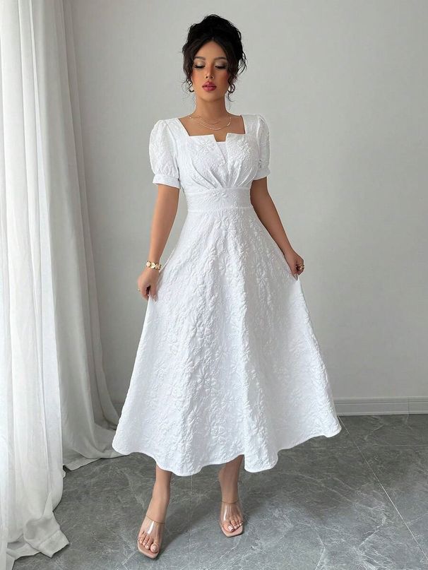 European And American Cro-border 2026 Summer Slim-fit Elegant Women's Jacquard Solid Color Puff Sleeve Square-neck_ecoleips.com