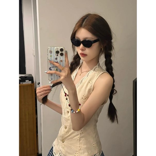 V-neck French-style Niche Tank For Women, 2025 Summer New Design, Hollow-out Patchwork, Elegant And Unique Camisole Top_ecoleips.com