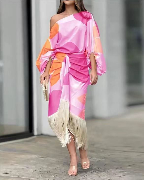 Women's Clothing Spot new printed lantern sleeve loose top tassel hem skirt women's two pieces_ecoleips.com
