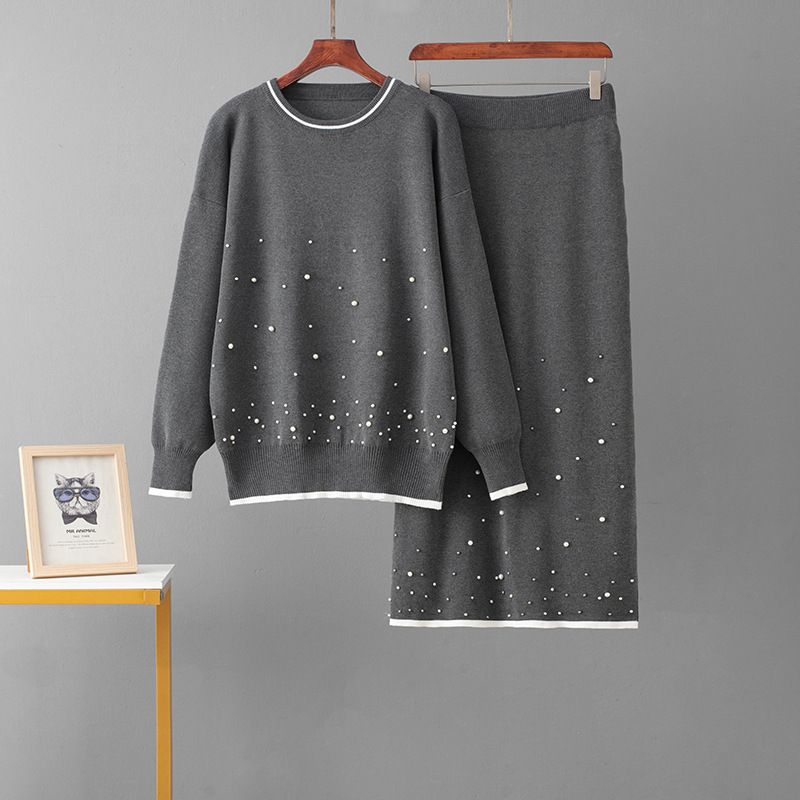 French Style High-Waisted Knit Two Piece Set for Women Autumn Winter Loose Fitting Figure Flattering Heavily Studded Top And Skirt Ensemble_ecoleips.com