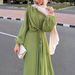 Muslim Dress Women Elegant Long Sleeve Maxi Dress With Self-Tie Detail - Women's Chic Solid Color Knitted Dress For Office & Casual Wear_ecoleips.com